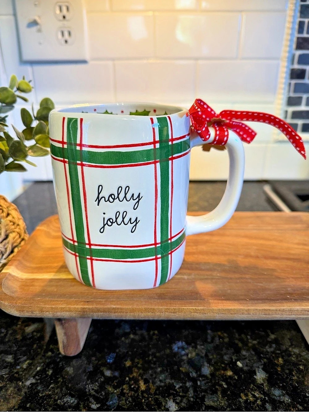 Rae Dunn White Ceramic Mug, Holly Jolly - Brand New